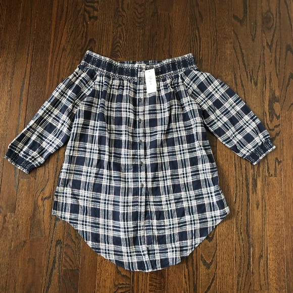 Style & Co. Women’s M “Off the Shoulder” Indiana Blue Plaid Button-Down - NWT! - Picture 1 of 11